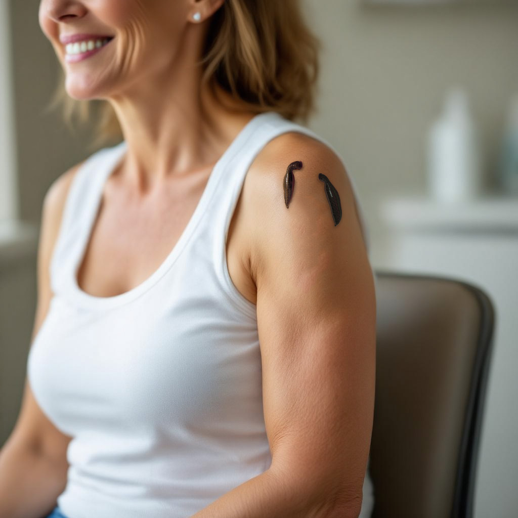 Frau mit zwei medizinischen Blutegeln an der Schulter
