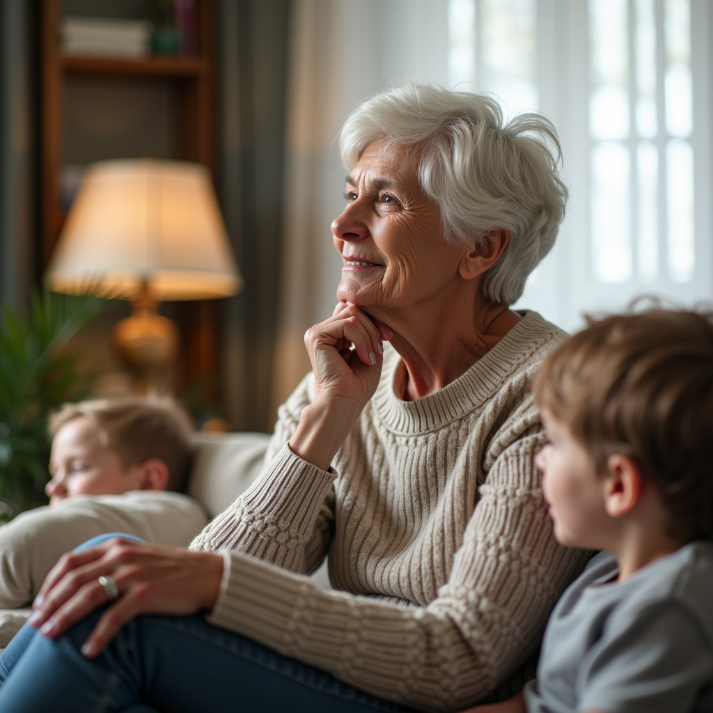 ältere Dame denkt Nach, Enkel im Hintergrund