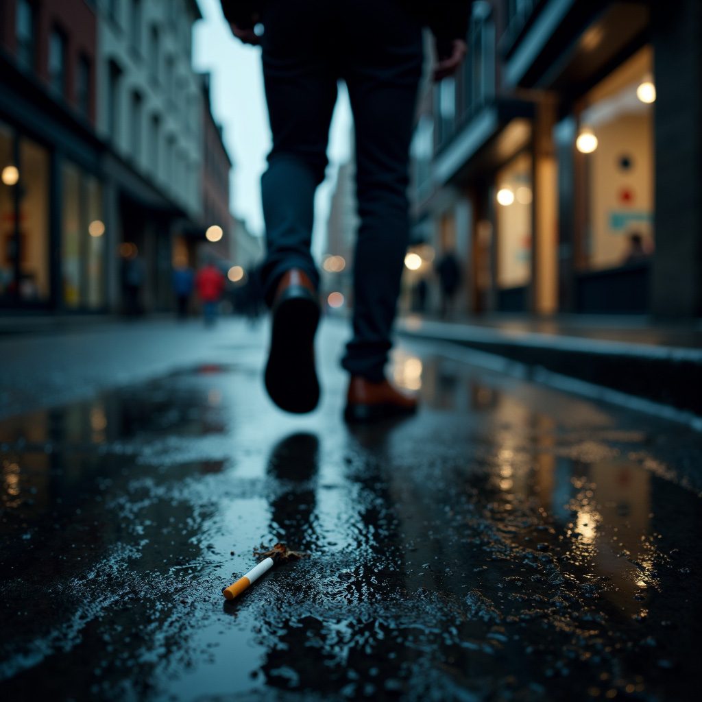 Mann läuft weiter auf der Straße, lässt Zigarette auf Boden hinter sich
