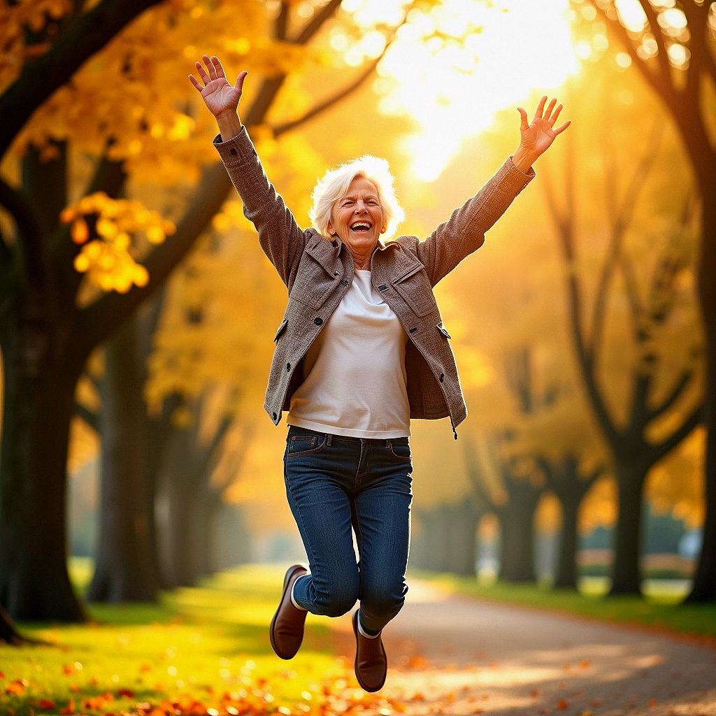 ältere Dame springt in die Luft und freut sich - Fitness im Alter