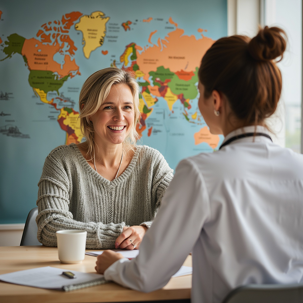 Frau sitzt zur Beratung bei Ärztin, Weltkarte im Hintergrund